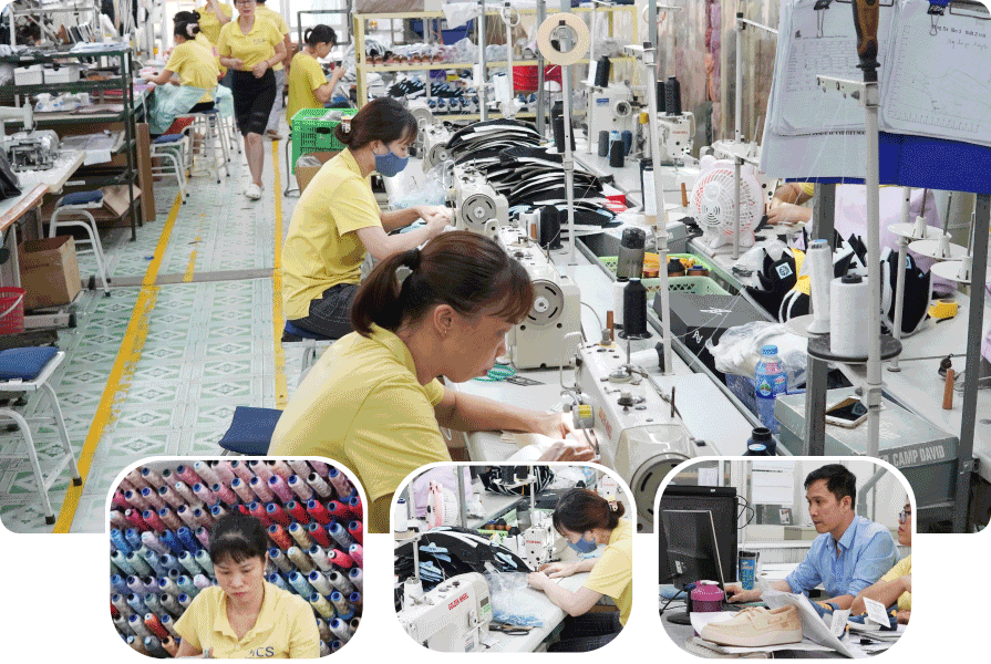 Sample room with workers at sewing machines